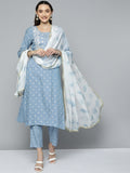 HERE&NOW Women Blue & White Ethnic Embroidered Kurta with Trousers & With Dupatta | Grocsy