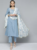 HERE&NOW Women Blue & White Ethnic Embroidered Kurta with Trousers & With Dupatta | Grocsy