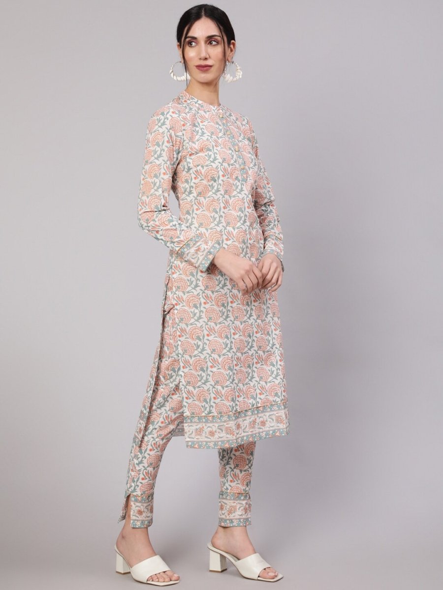 Aks Floral Printed Pure Cotton Kurta With Trousers | Grocsy