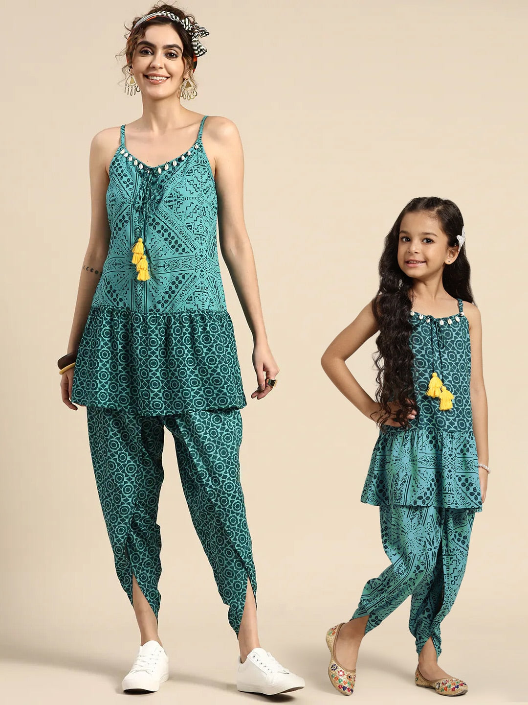 Sangria Printed Shoulder Straps A-Line Kurti with Dhoti Pants | Grocsy