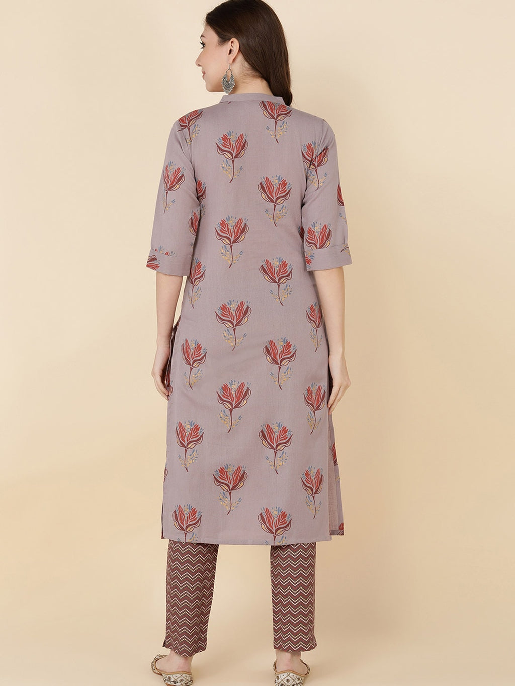 HERE&NOW Women Coffee Brown Floral Embroidered Straight Kurta With Trousers | Grocsy
