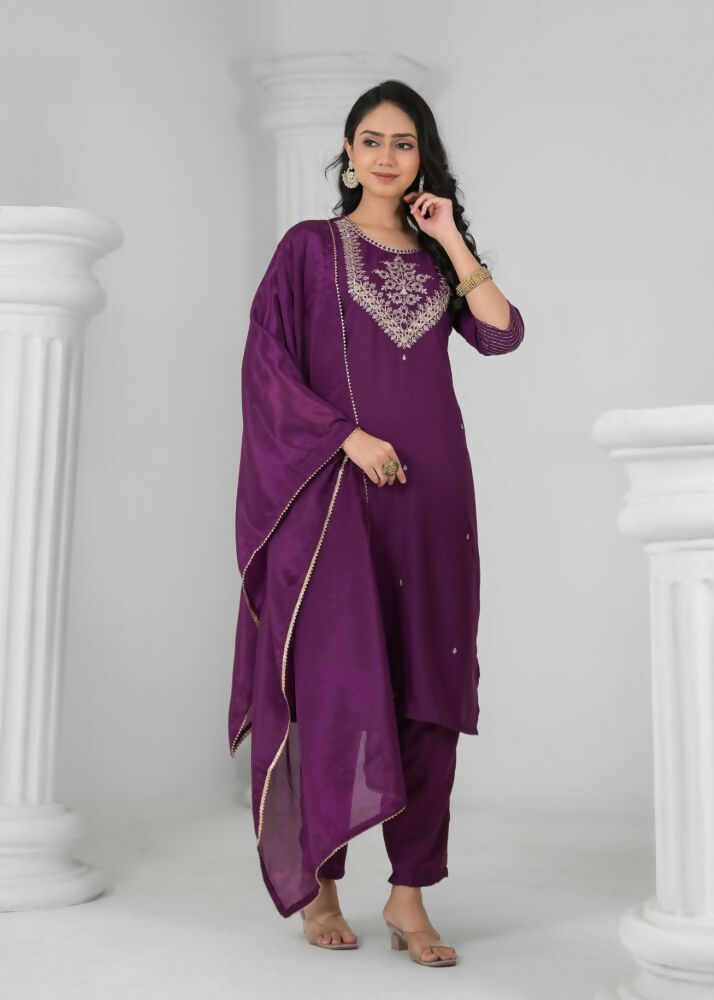 Ethnic Festive Wear Reyon Wine Stitched Suit With Dupatta - Tanisha | Grocsy