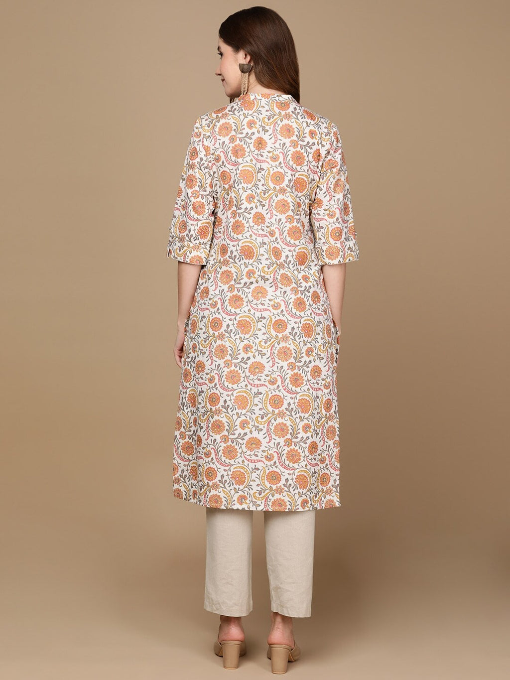 HERE&NOW White & Yellow Floral Printed Sequined Cotton Kurta | Grocsy