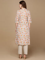 HERE&NOW White & Yellow Floral Printed Sequined Cotton Kurta | Grocsy
