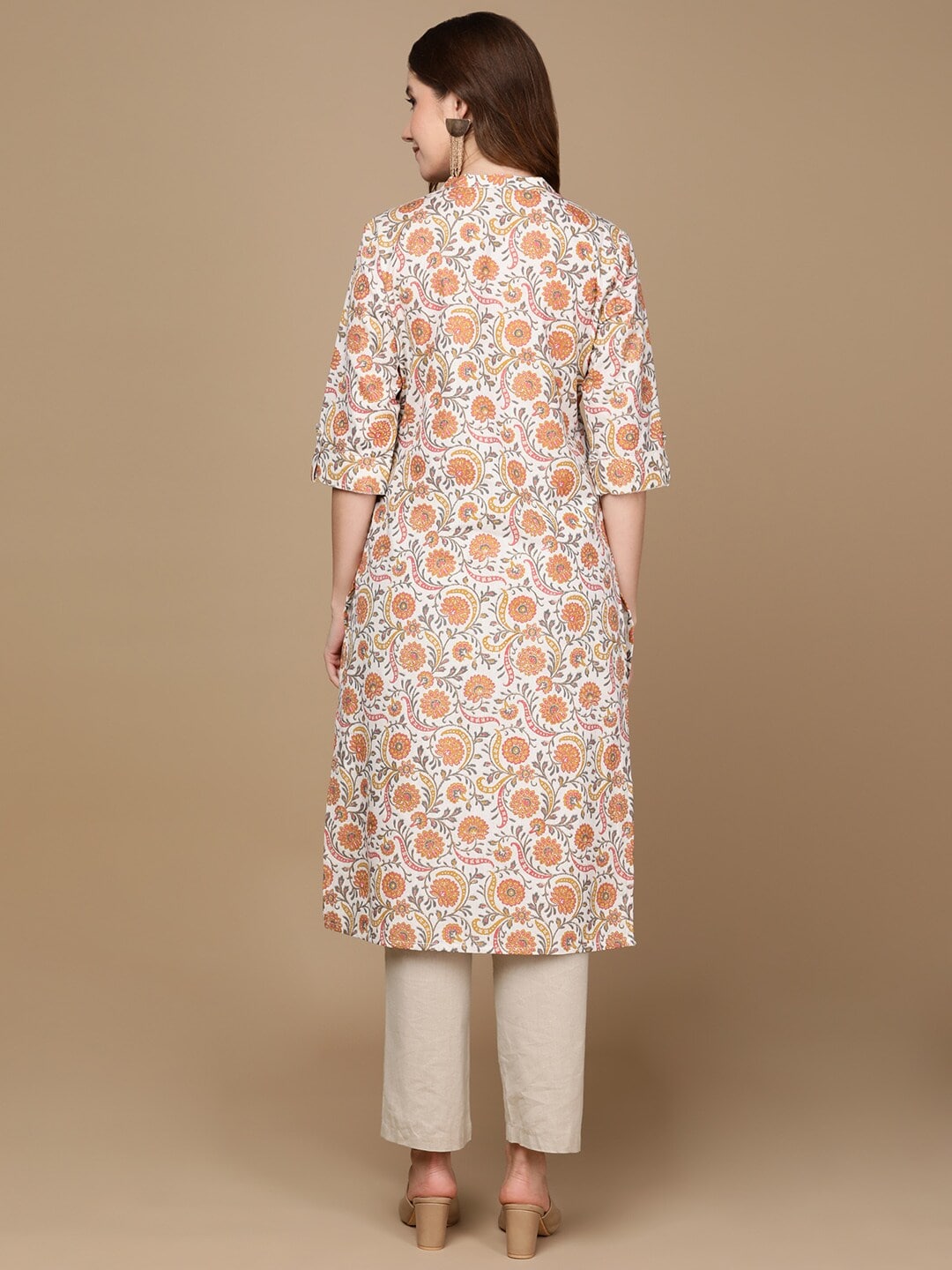HERE&NOW White & Yellow Floral Printed Sequined Cotton Kurta | Grocsy