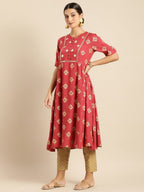 All About You Women Rust & Gold-Toned Ethnic Motifs Printed Mirror Work Kurta | Grocsy