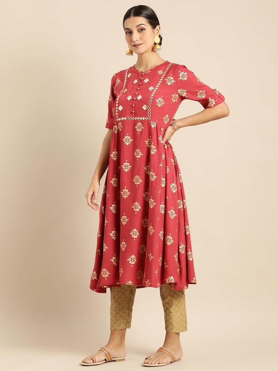 All About You Women Rust & Gold-Toned Ethnic Motifs Printed Mirror Work Kurta | Grocsy