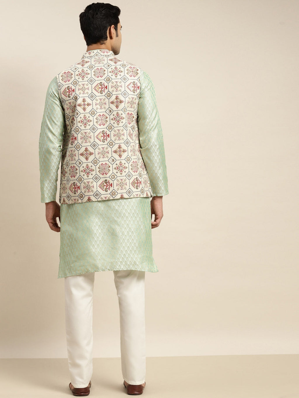 Sojanya Men Green Ethnic Motifs Woven Design Kurta & Churidar Comes With a Nehru Jacket | Grocsy