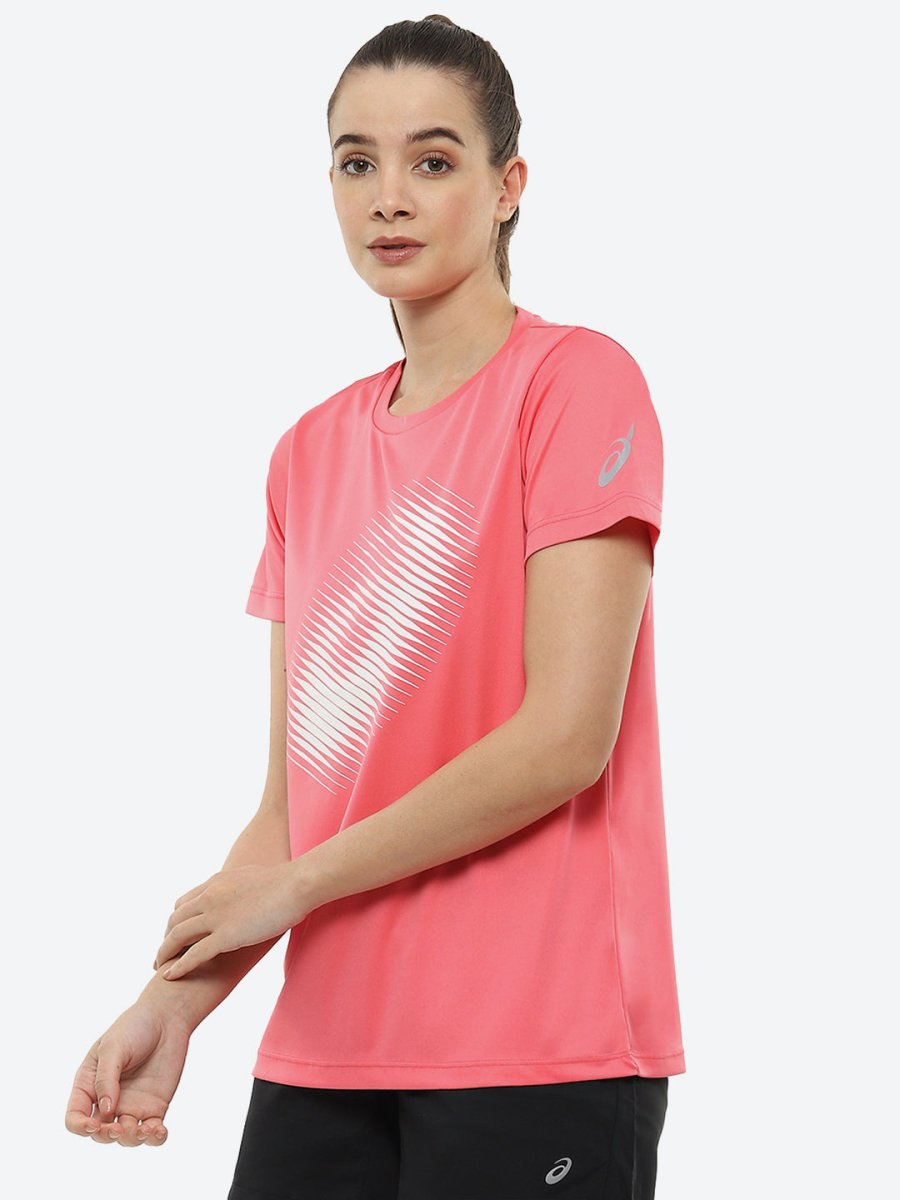 ASICS Women Pink Brand Logo Printed BIG GRAPHIC SS Round Neck Sports Running T-shirt | Grocsy