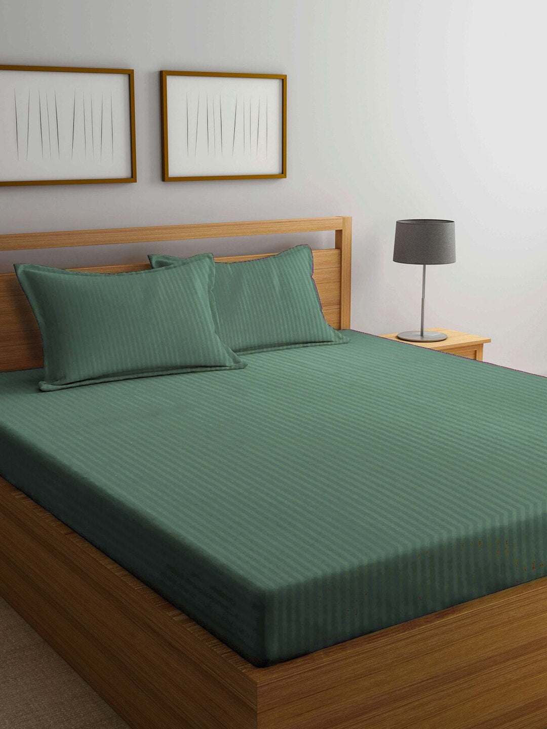 KLOTTHE Green Striped 210 TC Bedsheet with Pillow Covers | Grocsy