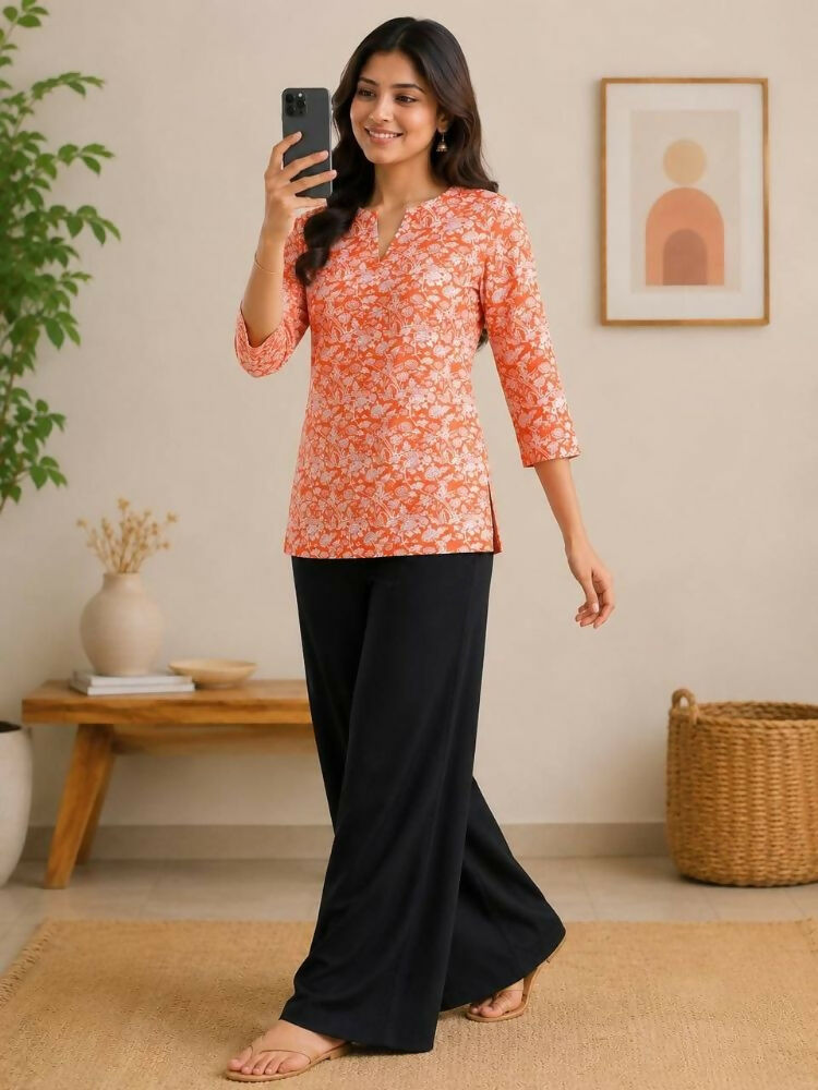 Teeya Creation Womens New Trendy Orange Floral Printed Short Kurti with Beige Palazzo Set | Grocsy