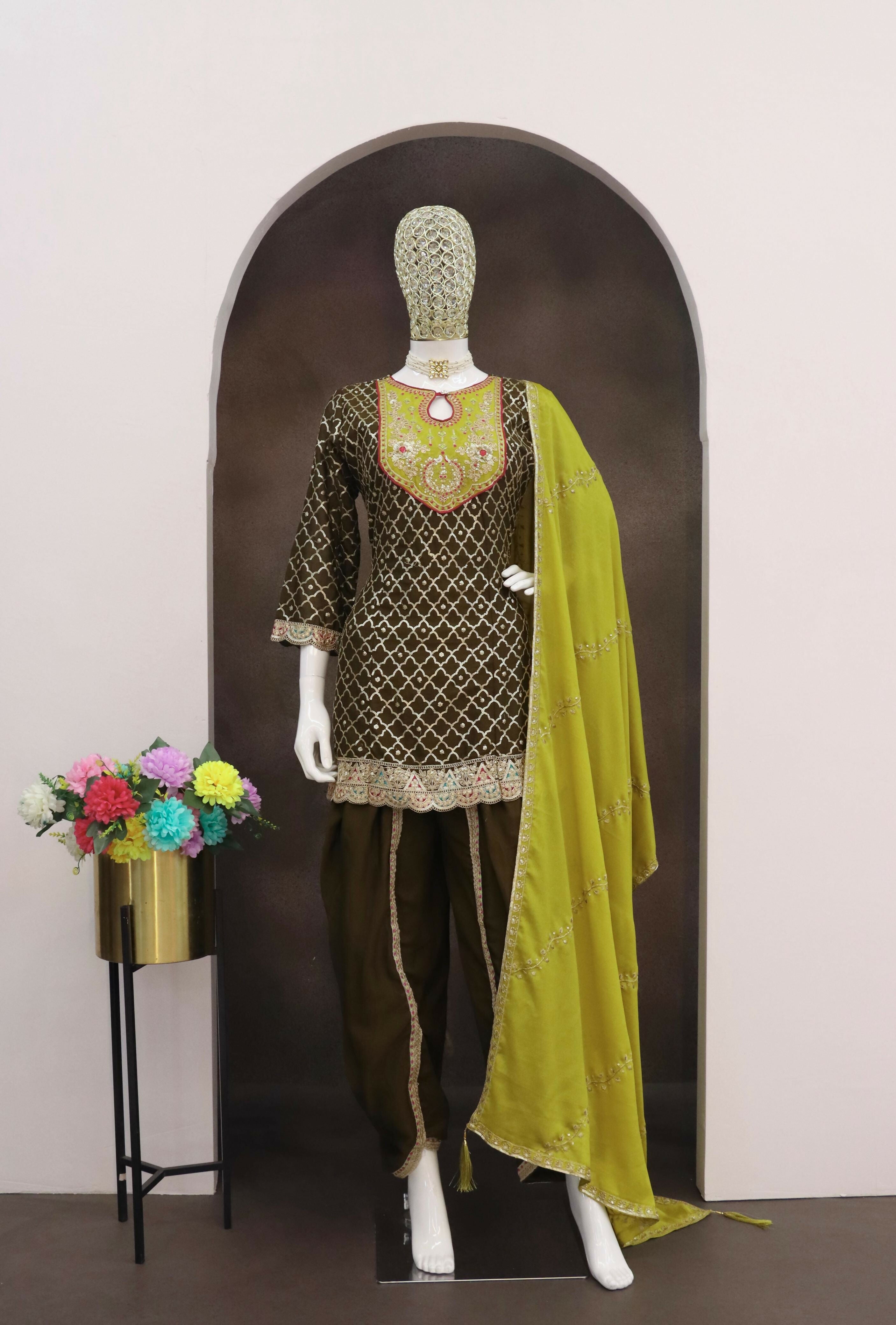 Anaita Mehndi Embroidered Silk Stitched Dhoti Suit | Grocsy