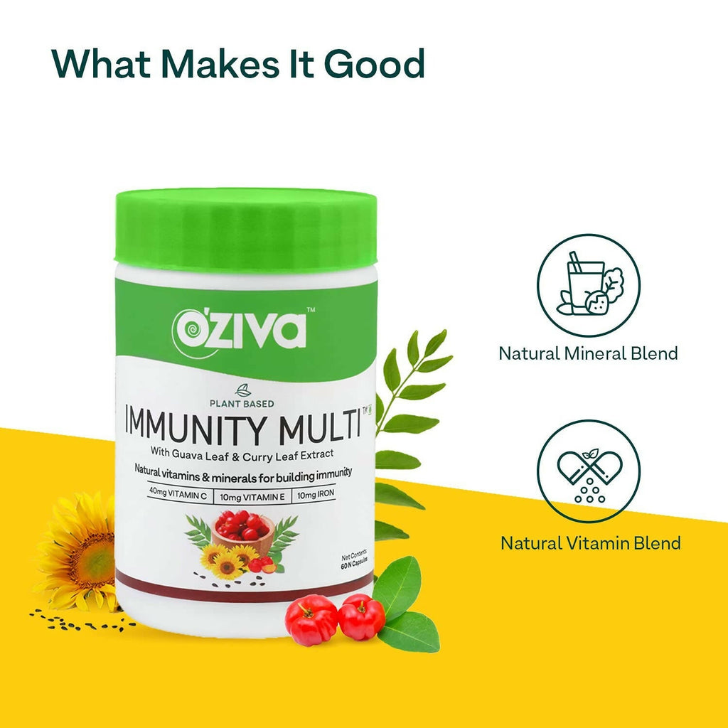 OZiva Plant Based Immunity Multivitamin with Guava Leaf & Curry Leaf Extract Capsules | Grocsy