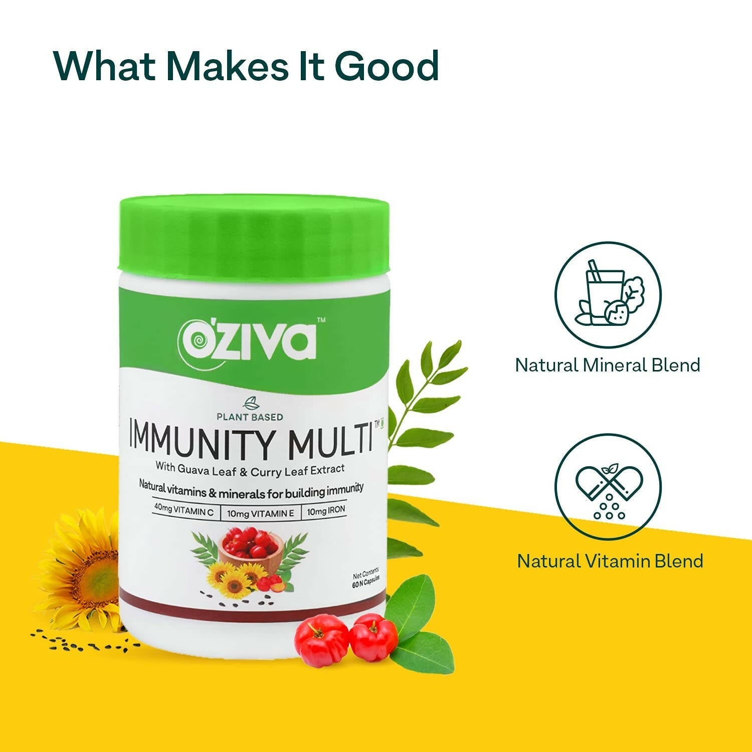 OZiva Plant Based Immunity Multivitamin with Guava Leaf & Curry Leaf Extract Capsules | Grocsy