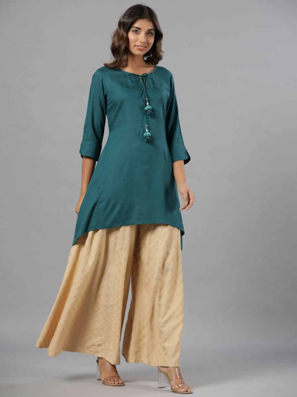 Juniper Women Teal Rayon Solid Asymmetric Kurta | Grocsy