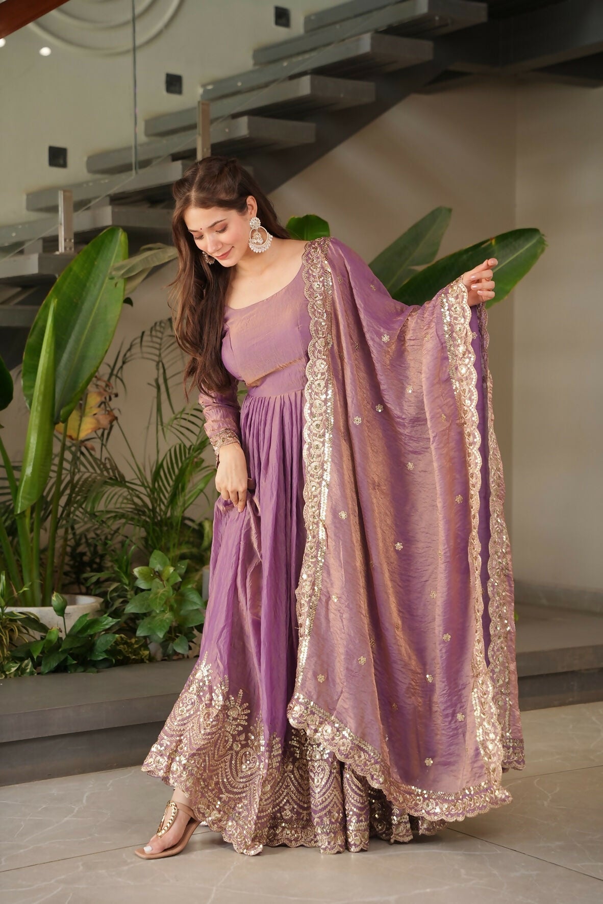 Teeya Creation Onion Color Fendy Silk Wedding Wear Embroidery Work Long Gown | Grocsy