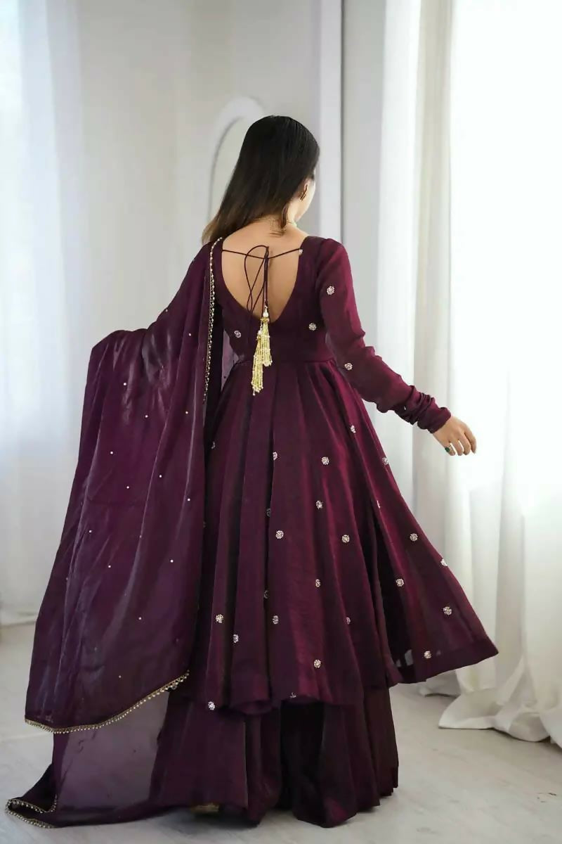 Teeya Creation Violet Crunchy Silk Embroidery Work Designer Suit | Grocsy