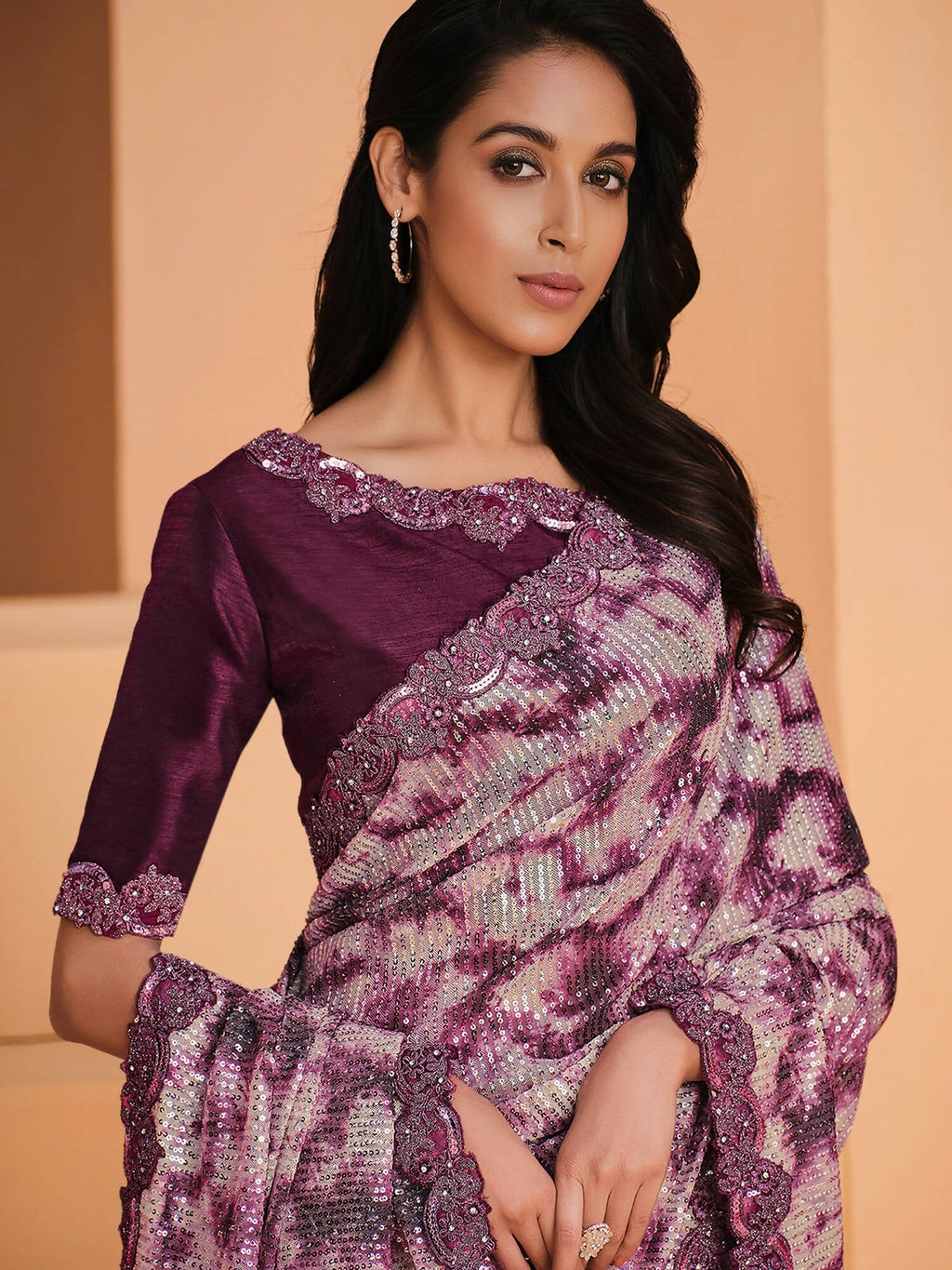 Purple Satin Crepe Silk Sequence Embroidered Saree With Unstitched Blouse - Mohmanthan Yavanika | Grocsy