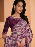 Purple Satin Crepe Silk Sequence Embroidered Saree With Unstitched Blouse - Mohmanthan Yavanika | Grocsy