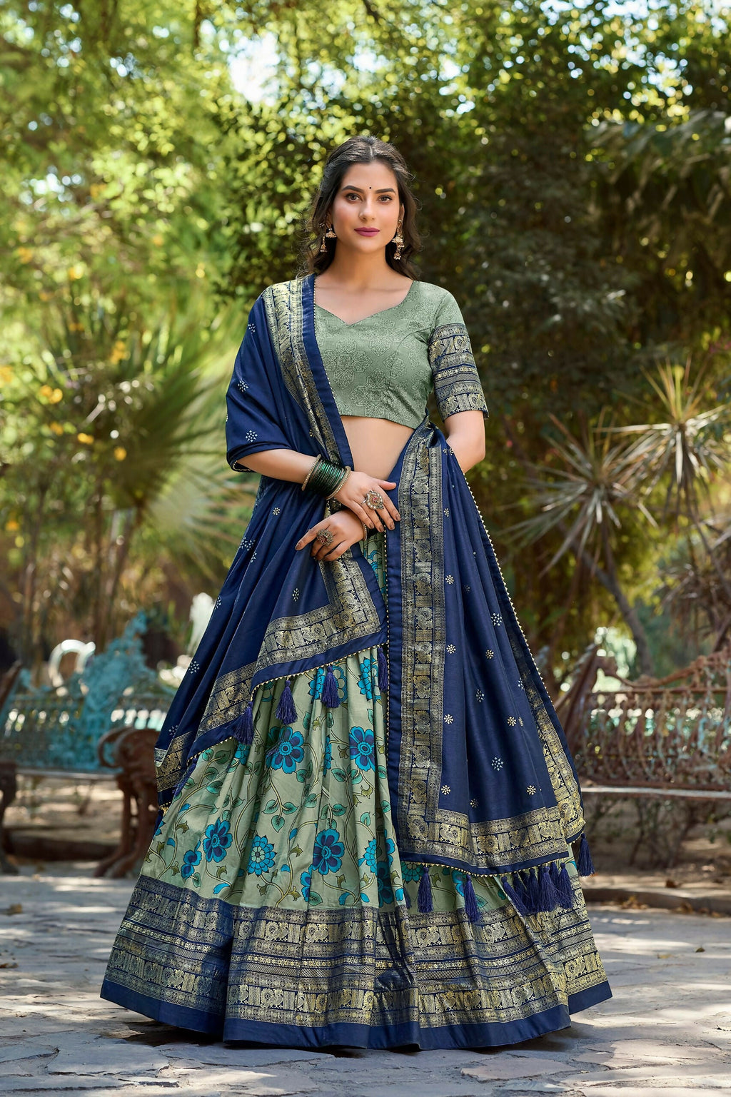Vastranavya Kalamkari Print With Foil Print Lehenga with Unstitched Printed Blouse - Sea Green | Grocsy