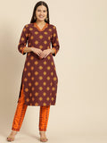 All About You Women Maroon Ethnic Motifs Printed Kurta with Printed Trousers | Grocsy