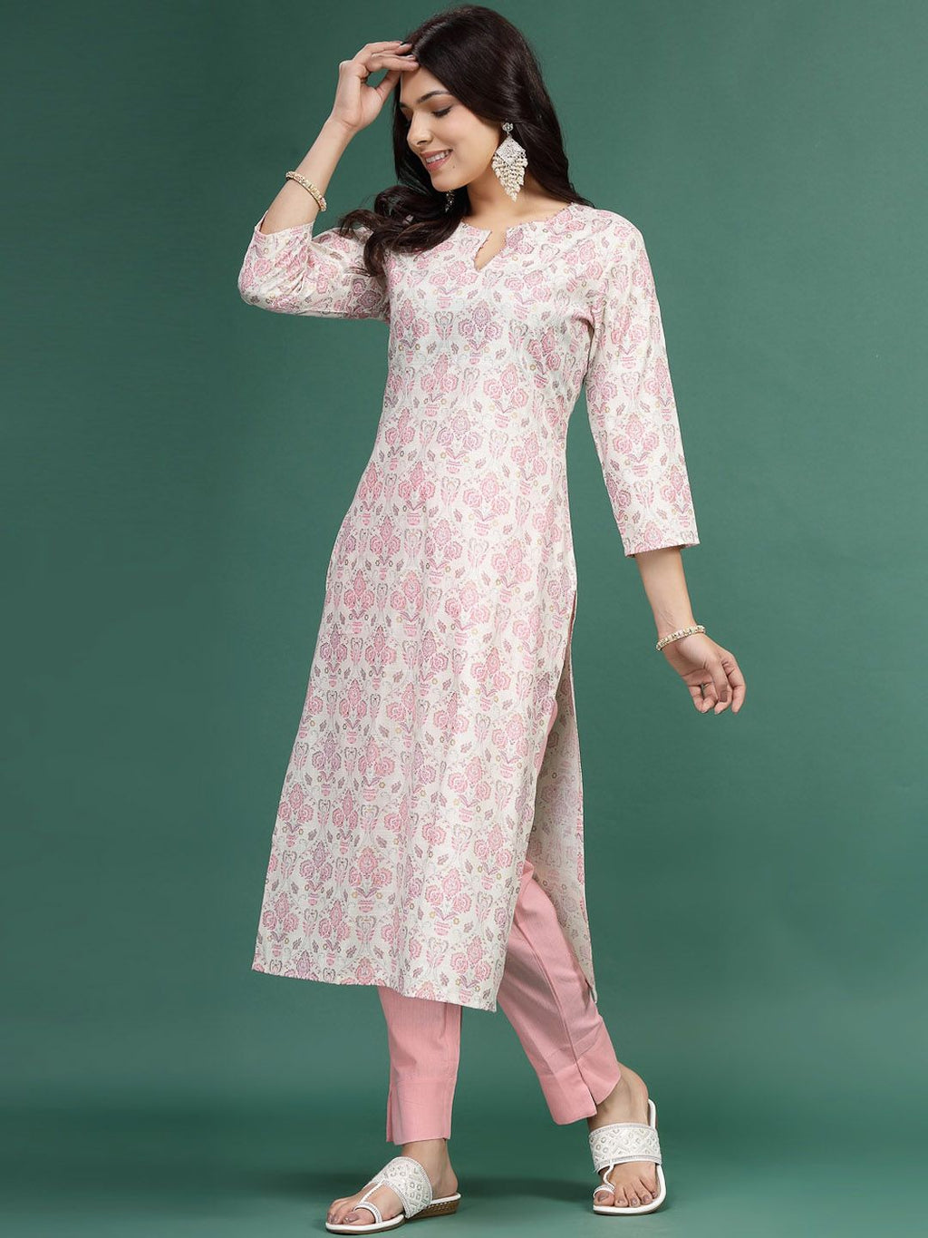 Sangria Floral Printed Cotton Notch Neck Straight Kurta | Grocsy