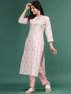 Sangria Floral Printed Cotton Notch Neck Straight Kurta | Grocsy