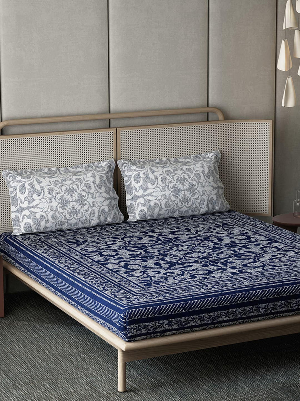 DDecor Blue & White Ethnic Motifs Cotton 140 TC King Bedsheet With 2 Pillow Covers | Grocsy
