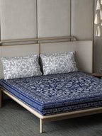DDecor Blue & White Ethnic Motifs Cotton 140 TC King Bedsheet With 2 Pillow Covers | Grocsy