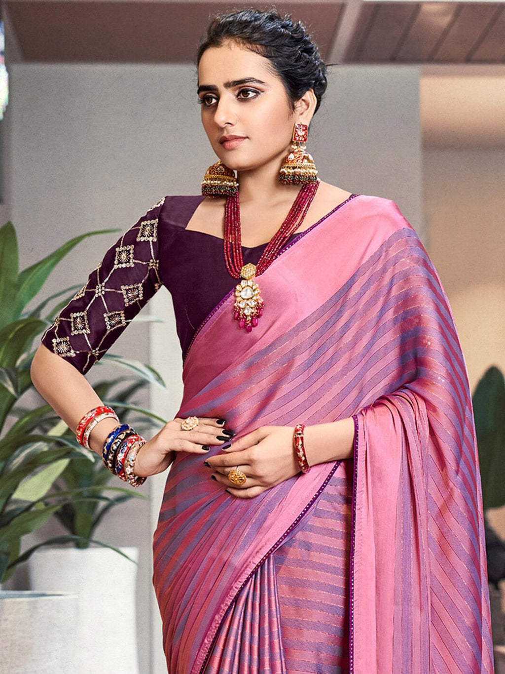 Saree Mall Magenta & Purple Striped Zari Saree | Grocsy