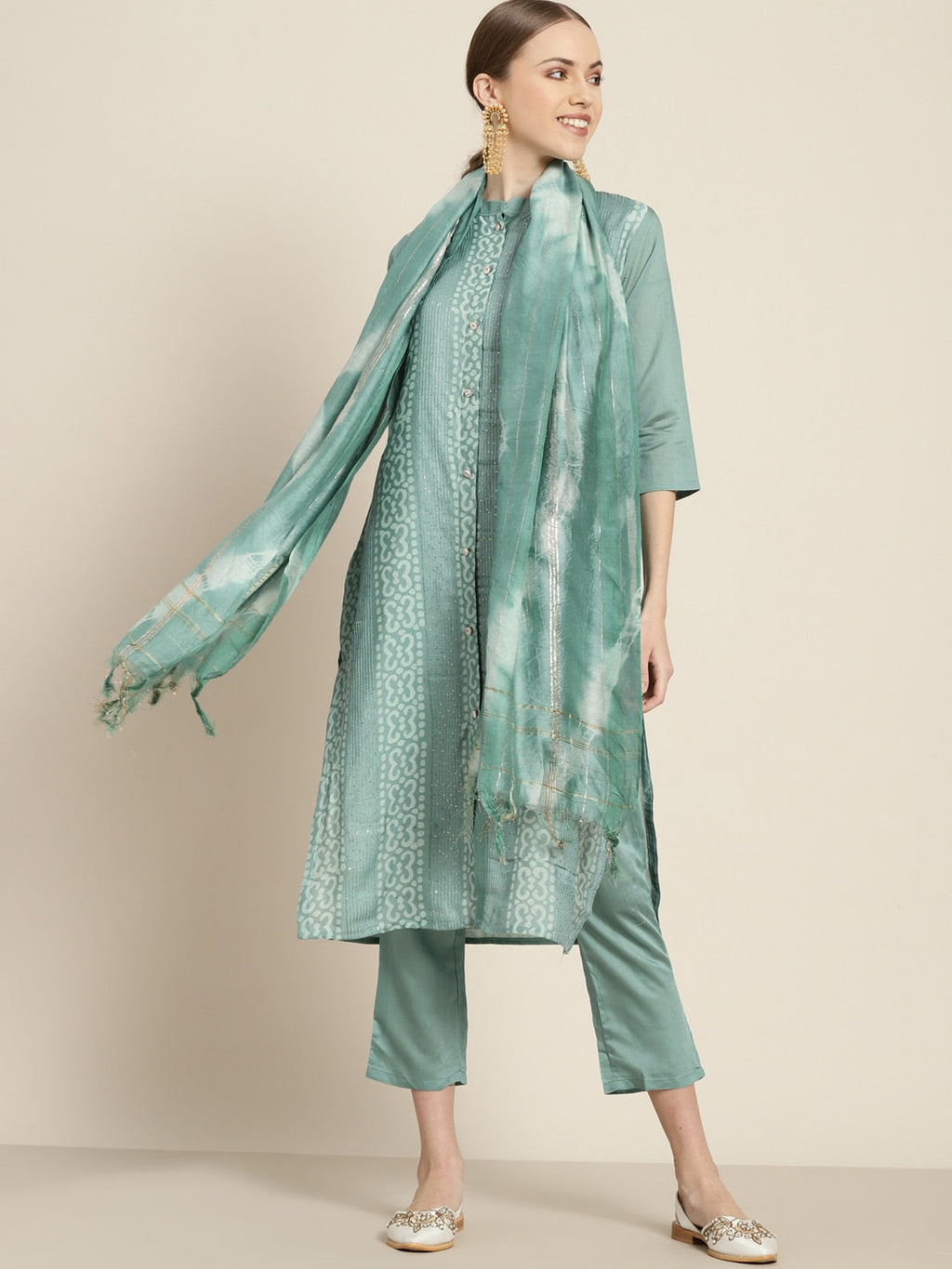 Sangria Women Sea Green Ethnic Motifs Sequinned Liva Kurta with Trousers & With Dupatta | Grocsy