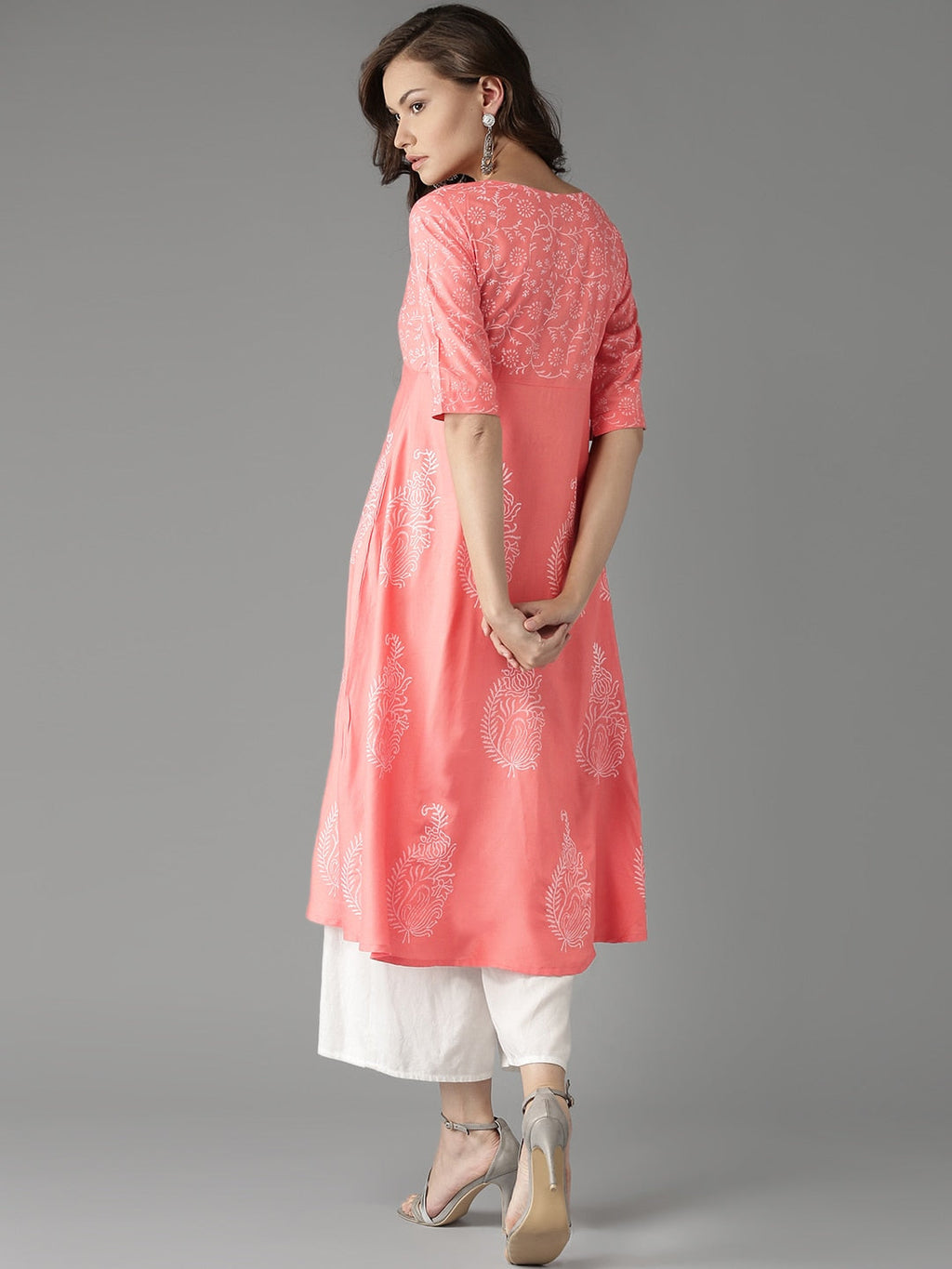 HERE&NOW Women Peach-Coloured Handblock Print A-Line Kurta | Grocsy