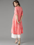 HERE&NOW Women Peach-Coloured Handblock Print A-Line Kurta | Grocsy