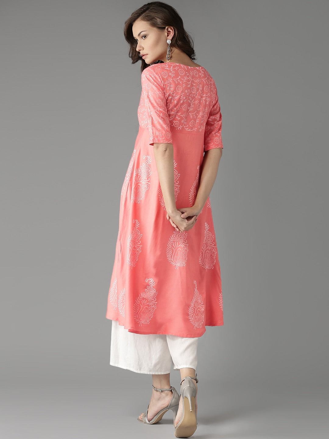 HERE&NOW Women Peach-Coloured Handblock Print A-Line Kurta | Grocsy