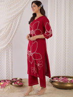 Indo Era Floral Embroidered Beads And Stones Straight Kurta With Palazzos | Grocsy