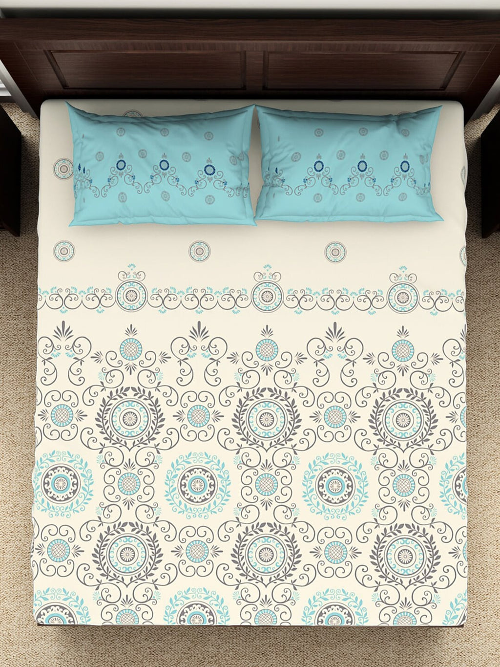SPACES Reagalis Cream Ethnic Motifs 140 TC Cotton Queen Bedsheet & 2 Pillow Covers | Grocsy