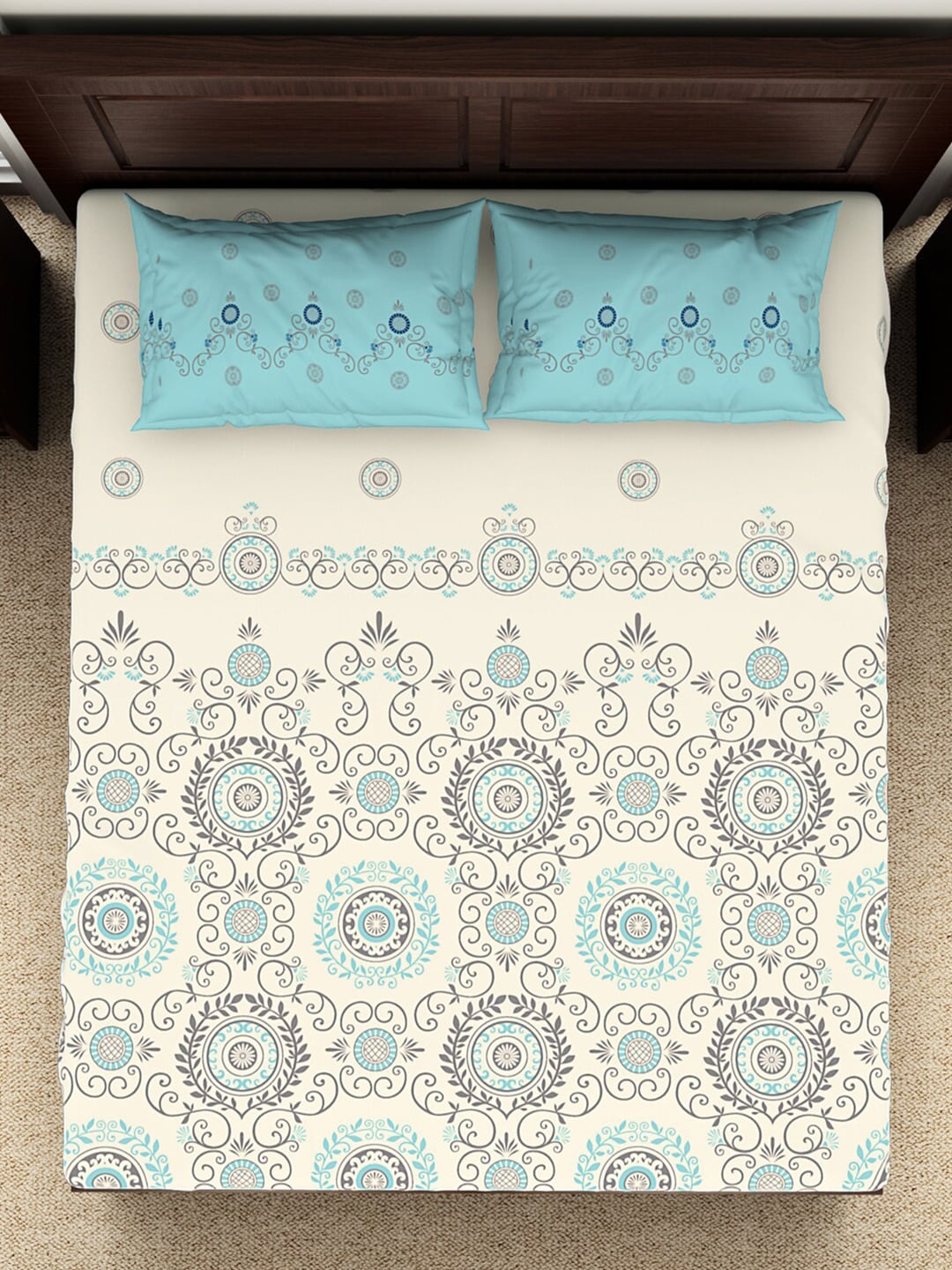SPACES Reagalis Cream Ethnic Motifs 140 TC Cotton Queen Bedsheet & 2 Pillow Covers | Grocsy