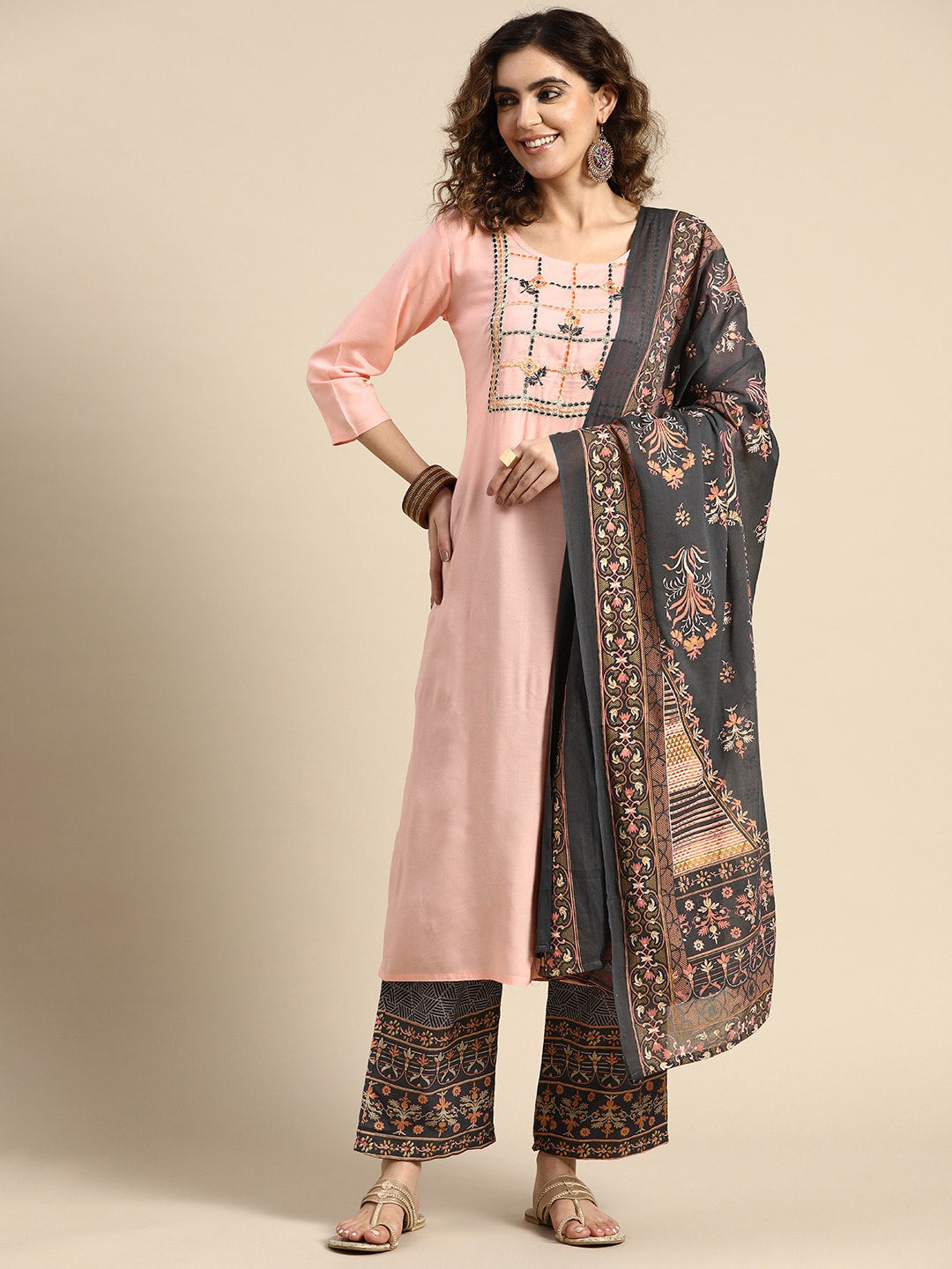 Sangria Women Floral Embroidered Thread Work Chanderi Silk Kurta With Palazzos & Dupatta | Grocsy