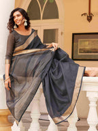 Tikhi Imli Charcoal & Gold-Toned Polycotton Zari Ready to Wear Saree | Grocsy