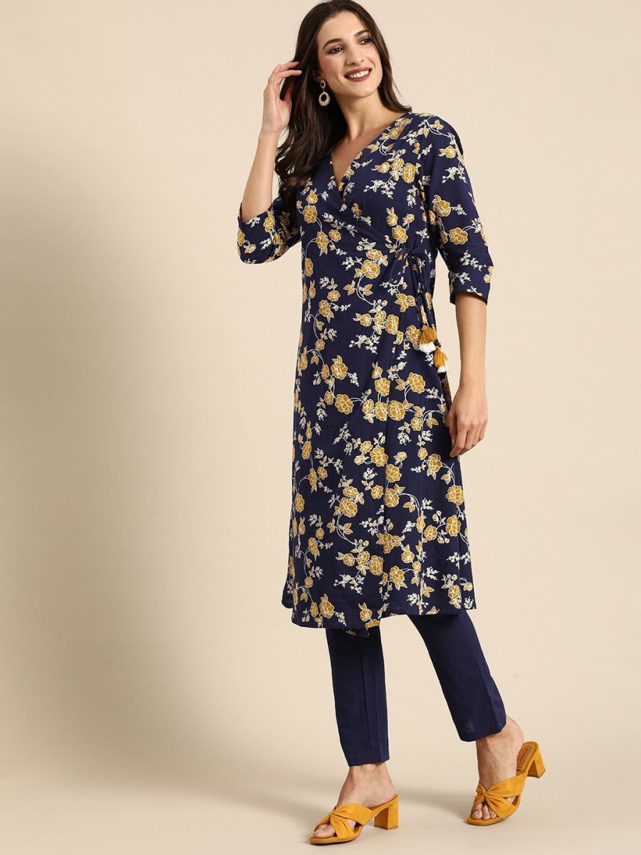 All About You Women Navy Blue Floral Printed Angrakha Pure Cotton Kurta with Trousers | Grocsy