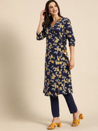 All About You Women Navy Blue Floral Printed Angrakha Pure Cotton Kurta with Trousers | Grocsy