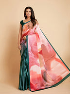 Sangria Peach-Coloured & Blue Satin Ready to Wear Saree | Grocsy