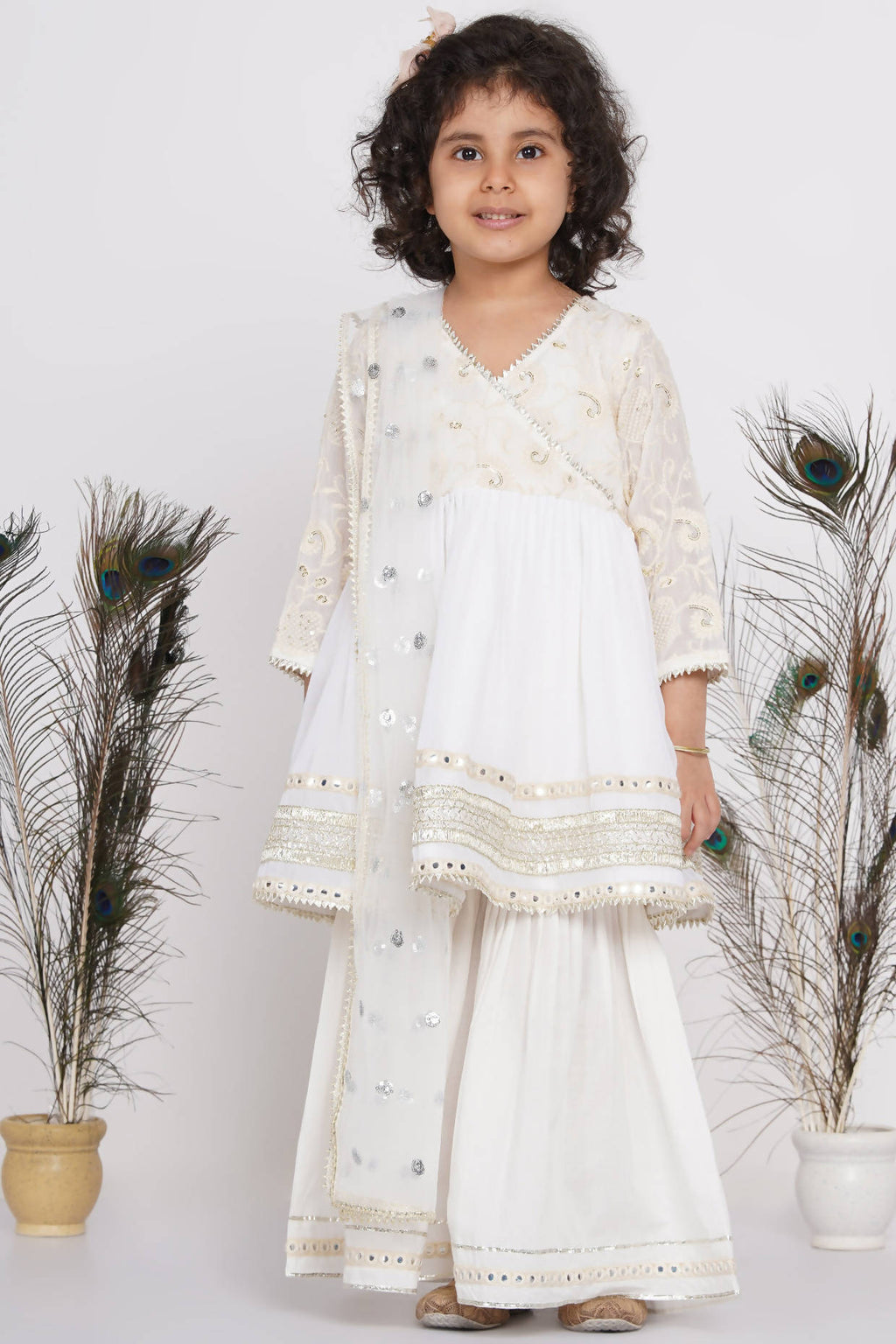 Little Bansi Girls Cotton Floral Embroidery & Lacework Kurta with Sharara & Dupatta - White | Grocsy