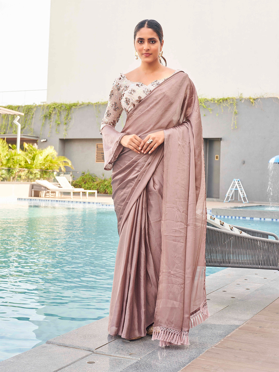 Tikhi Imli satin saree with sequence embroidered blouse | Grocsy