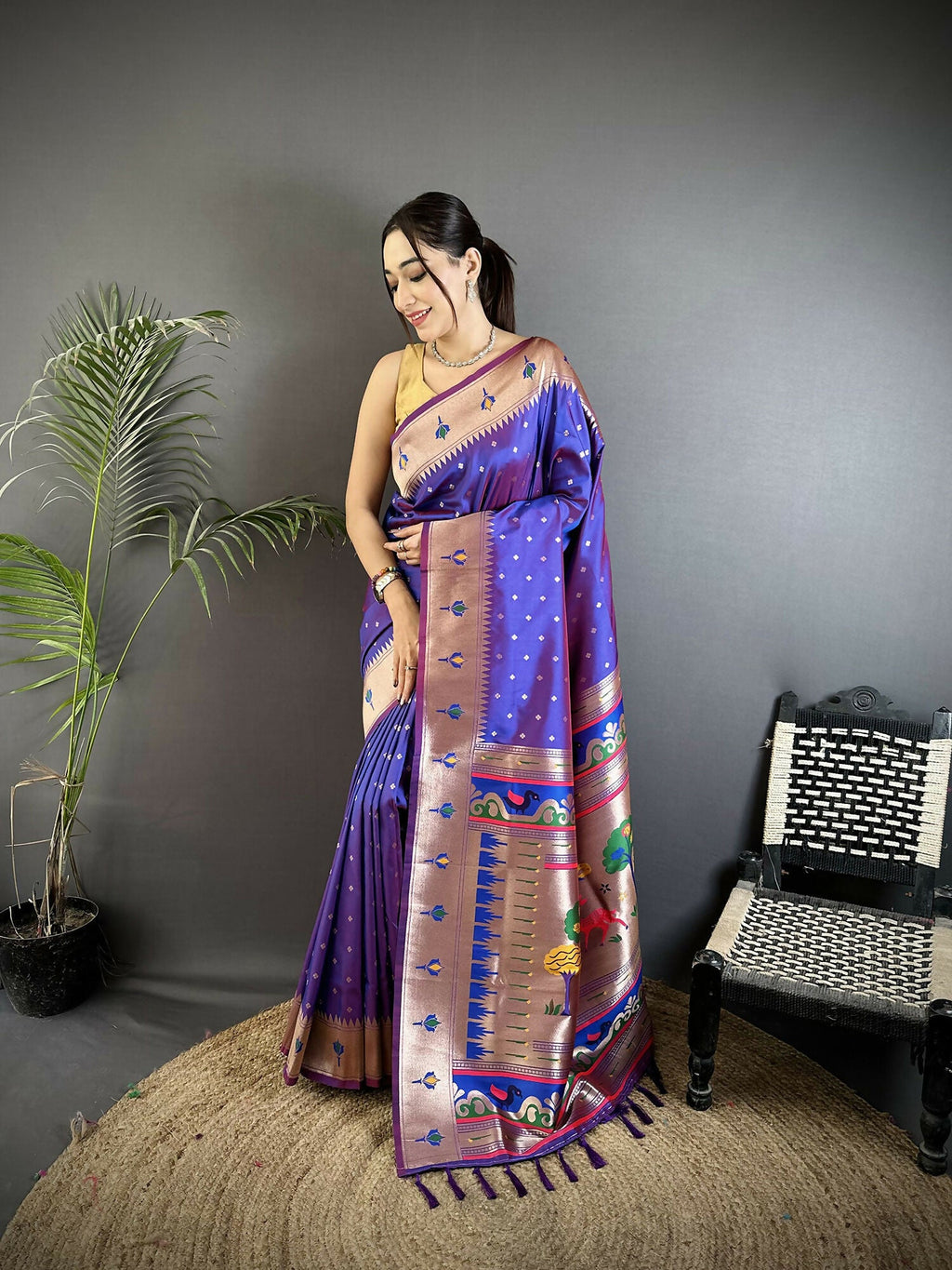 Joban Fashion Purple Peacock & Floral Motifs Soft Lichi Silk Kanchipuram Saree | Grocsy
