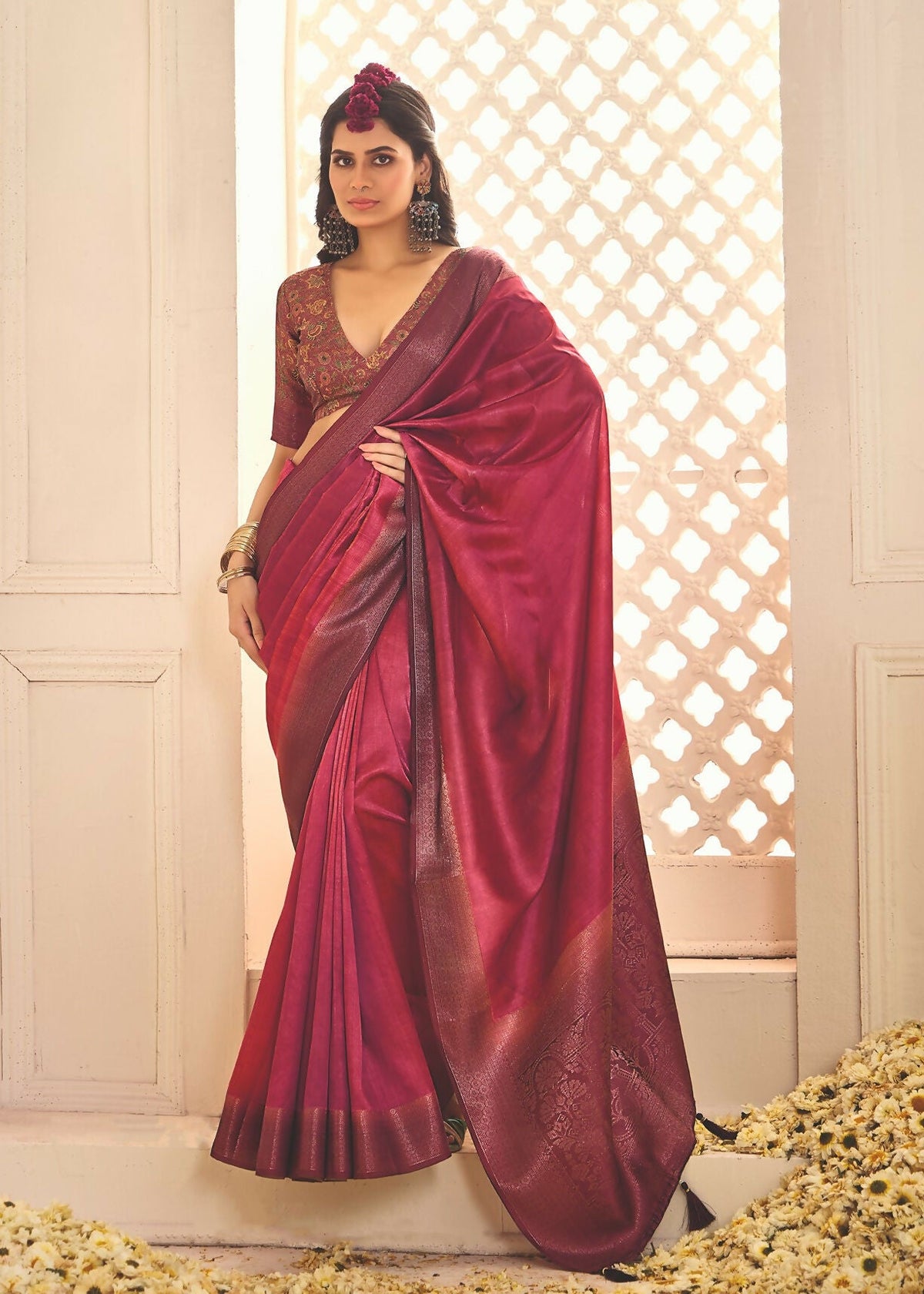 Joban Fashion Satin Silk With Zari Border Pink Colored Designer Pallu Saree | Grocsy