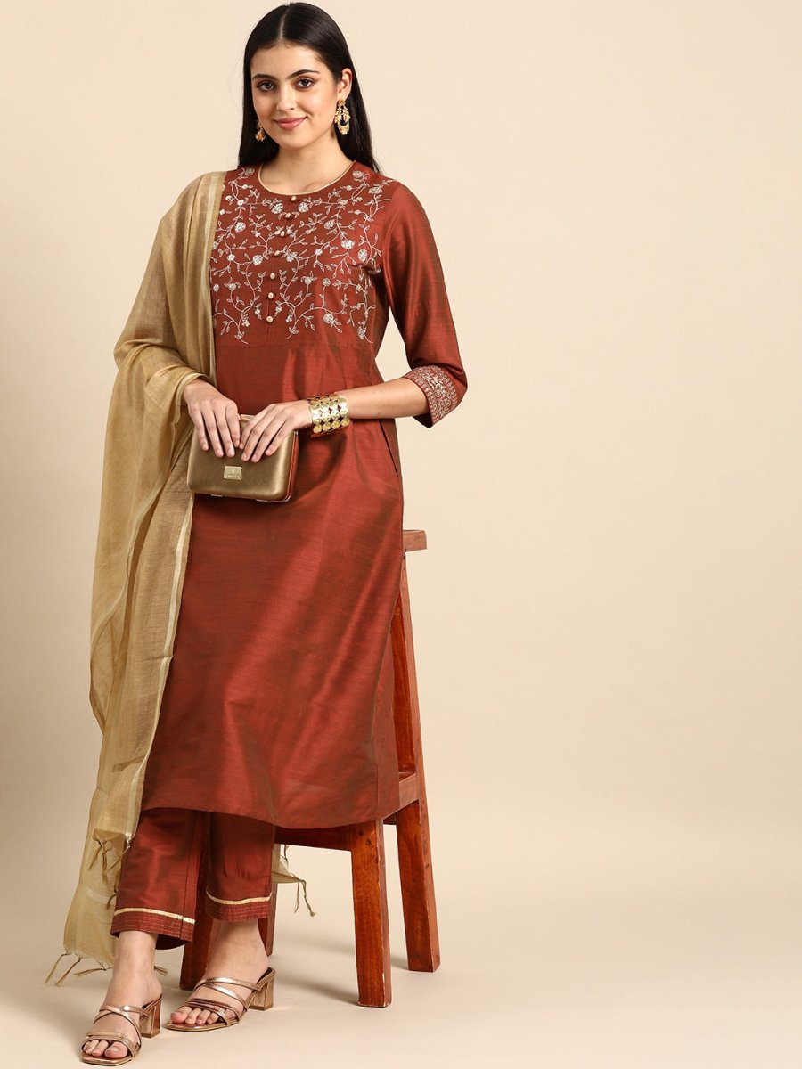 All About You Women Rust Embroidered Kurta with Trousers & Dupatta | Grocsy