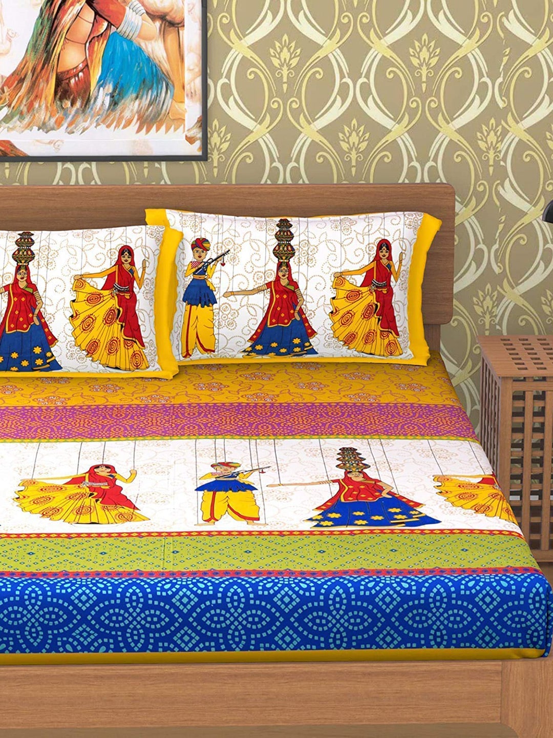 Rajasthanikart Yellow Ethnic Motifs Cotton 110 TC Queen Bedsheet with 2 Pillow Covers | Grocsy