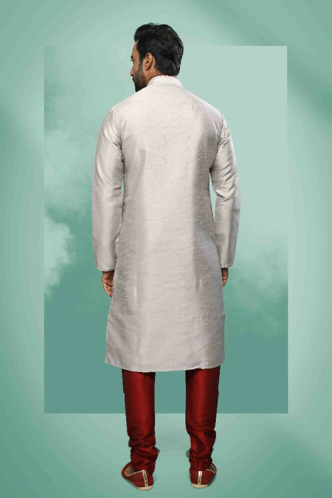 Raivat Ethnic Art Silk Mirror Embroidery Work Kurta Pajama In Grey Colour | Grocsy