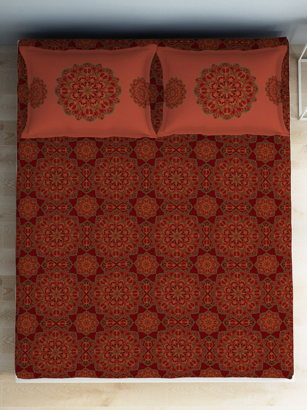 SPACES Aurum Red Ethnic Motifs Pure Cotton 140 TC Queen Bedsheet with 2 Pillow Covers | Grocsy